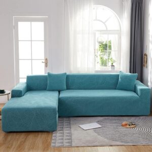 Waterproof sofa cover - Bright blue jacquard leaf pattern - For 3-seater sofa (185-230 cm)