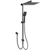 Kylins matt black dual shower set featuring a 12-inch square head and handheld attachment on a rail.
