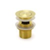 Brushed gold pop up waste plug installed in a modern white ceramic basin with overflow hole