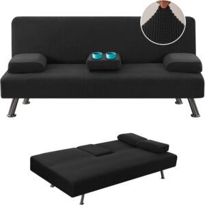 4 Pieces Stretch Futon Covers Sofa Bed Slipcover with Removable Armrests and Cupholders Covers Furniture Protector High Spandex Small Checks Jacquard Fabric, Black