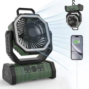 Portable Camping Fan With Light Large Capacity Outdoor Rechargeable Tent Fan - Army Green - Image 2