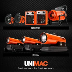 Unimac 3Kw Industrial Electric Fan Heater, 15A, Adjustable Thermostat, 2 Heat Settings, Fast Heating, Compact Portable Box Design For Workshop And Garage Use - Image 8