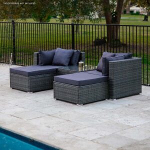London Rattan 4 Seater Modular Outdoor Lounge Setting With Coffee Table, Ottomans, Grey - Image 8
