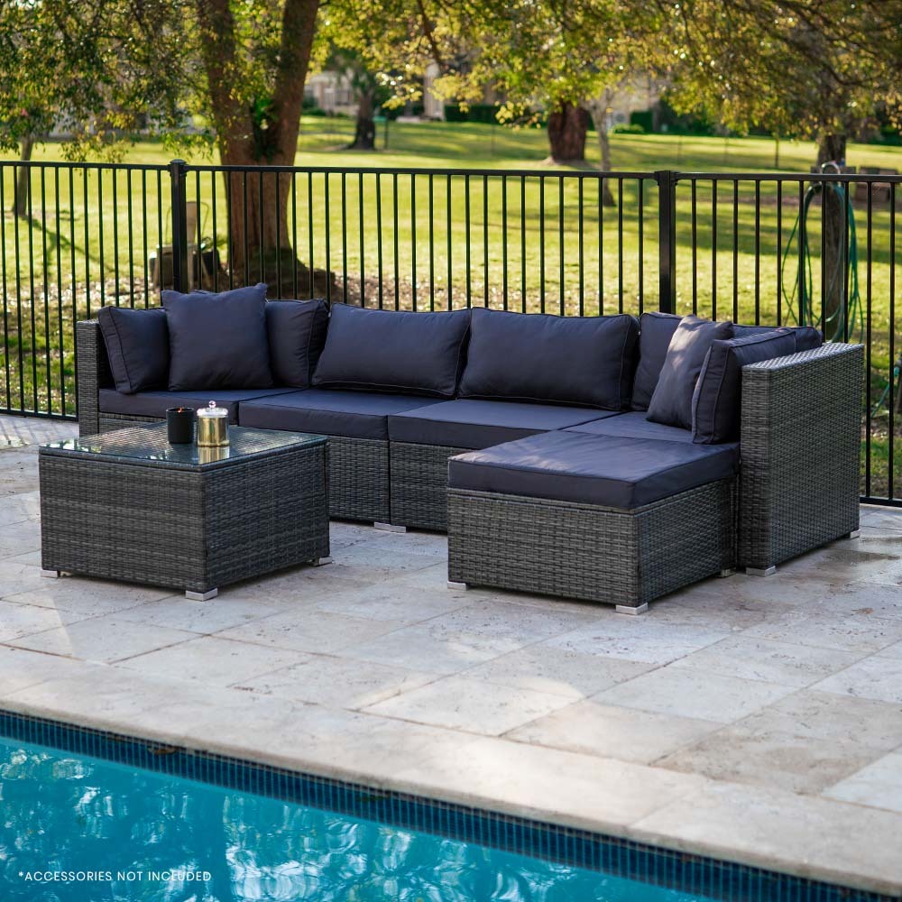 London Rattan 5 Seater Modular Outdoor Lounge Setting With Coffee Table, Ottoman, Grey – Auz Sales Online London Rattan 5 Seater Modular Outdoor Lounge Setting With Coffee Table, Ottoman, Grey - Image 5