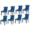 et of 8 tufted velvet dining chairs with ring pull blue around a wooden table