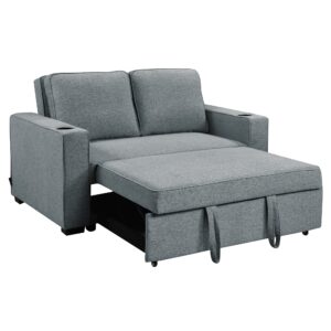 Sarantino Hoffman Linen Sofa Bed With Cushions &Amp; Cup Holders Airforce Blue - Image 2