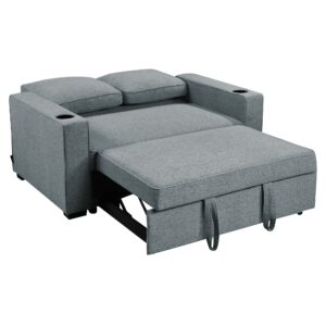 Sarantino Hoffman Linen Sofa Bed With Cushions &Amp; Cup Holders Airforce Blue - Image 5