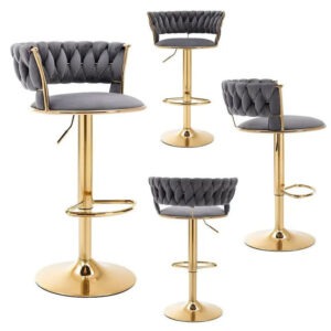 Detailed View Of The Hand-Woven Backrest On The Grey Velvet Barstool