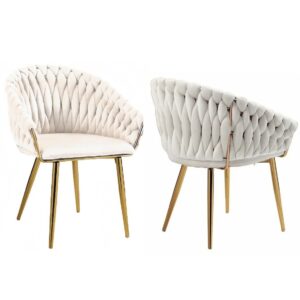 SERENITà Ivory Modern Velvet Dining Chairs, Upholstered Living Room Chair with Woven Back and Golden Metal Legs, Mid-Century Accent Set of 2(Ivory)
