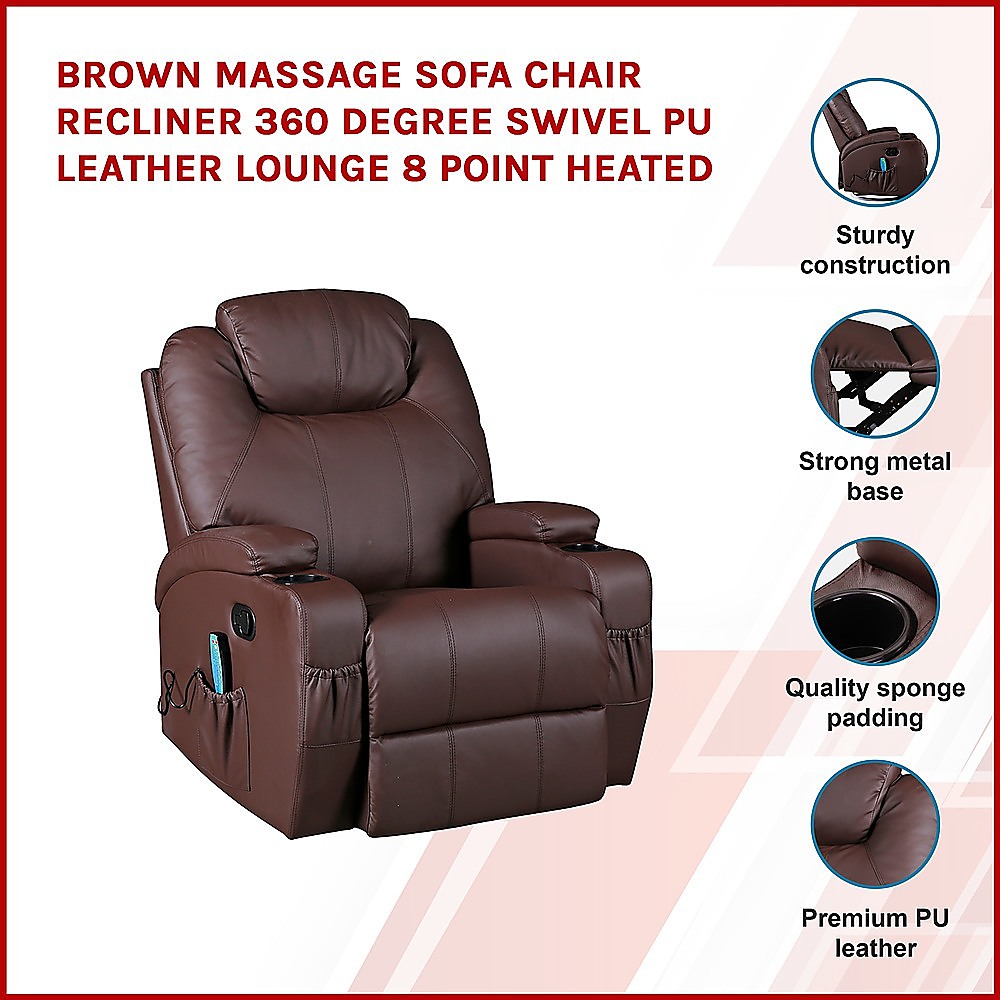 Brown Massage Sofa Chair Recliner 360 Degree Swivel Pu Leather Lounge 8 Point Heated – Auz Sales Online Brown Massage Sofa Chair Recliner 360 Degree Swivel Pu Leather Lounge 8 Point Heated - Image 3