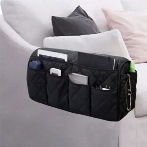 2 Pcs Grey Quilted Sofa Armrest Organizer Caddy - Multi-Pocket Remote Control Holder Bag - Image 4