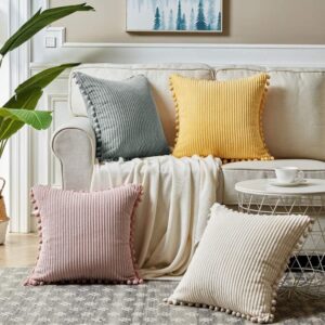 Navy Blue Soft Corduroy Cushion Cover Set (1 Square + 1 Rectangular) With Pom Pom Trim - Decorative Throw Pillow Cases For Sofa Couch - Image 2