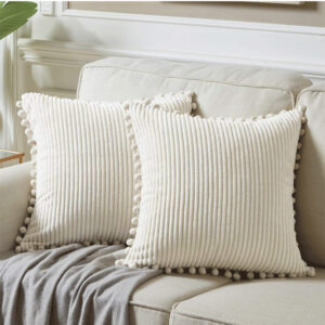 Navy Blue Soft Corduroy Cushion Cover Set (1 Square + 1 Rectangular) With Pom Pom Trim - Decorative Throw Pillow Cases For Sofa Couch - Image 4
