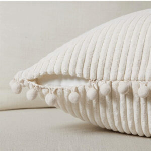 Navy Blue Soft Corduroy Cushion Cover Set (1 Square + 1 Rectangular) With Pom Pom Trim - Decorative Throw Pillow Cases For Sofa Couch - Image 5