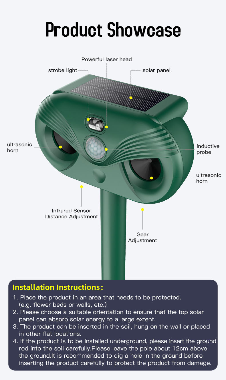 Black Advanced Solar Powered Ultrasonic Animal Repeller - Outdoor Pest Deterrent With Motion Sensor, Strobe Light &Amp; Laser – Auz Sales Online Black Advanced Solar Powered Ultrasonic Animal Repeller - Outdoor Pest Deterrent With Motion Sensor, Strobe Light &Amp; Laser - Image 7