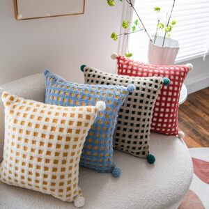Red And Beige 3D Checkered Cushion Cover With Pom Poms - Soft Decorative Pillow Case For Sofa &Amp; Living Room (45X45Cm, Cover Only) - Image 2