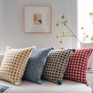 Red And Beige 3D Checkered Cushion Cover With Pom Poms - Soft Decorative Pillow Case For Sofa &Amp; Living Room (45X45Cm, Cover Only) - Image 4
