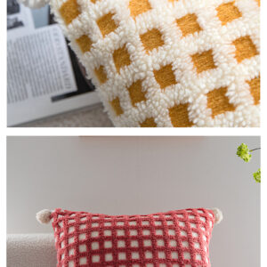Red And Beige 3D Checkered Cushion Cover With Pom Poms - Soft Decorative Pillow Case For Sofa &Amp; Living Room (45X45Cm, Cover Only) - Image 6