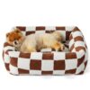 50X48X15 Cm Cute Square Plush Pet Bed With Removable Cover &Amp; 5 Bolsters Support - Brown Plaid Machine Washable Calming Dog &Amp; Cat Sofa Product Image Auz Sales Online