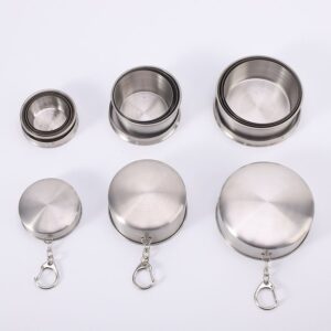 3-Capacity Silver Stainless Steel Collapsible Travel Cup Set(75ml + 150ml + 250ml) - Compact Telescopic Drinking Cup with Keychain & Dust-Proof Lid for Outdoor Hiking and Camping