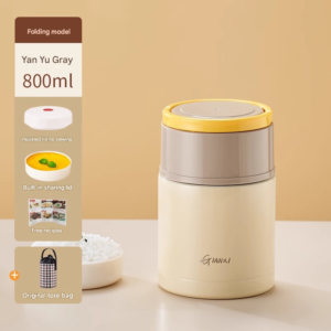 Brown 800ml Stainless Steel Thermal Stew Jar Portable Insulated Lunch Pot with Handle – Vacuum Insulated Soup Container(Foldable model)