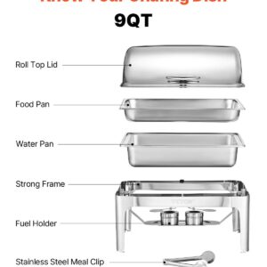 Roll Top Chafing Dish Buffet Complete Set, 9Qt Stainless Steel Chafer With Full Size Pan, Rectangle Catering Warmer Server With Lid Water Pan Folding Stand Fuel Holder Meal Clip, Silver - Image 6