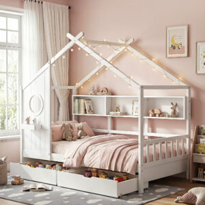 White Artiss kids single wooden house bed frame with storage drawers and bookcase