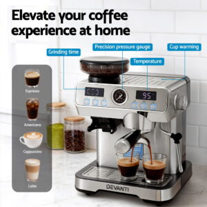 Devanti Coffee Machine Espresso Latte Maker With Grinder Milk Frother Steam Wand Product Image